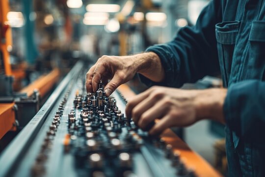 Hands skillfully adjust components on production line, showcasin