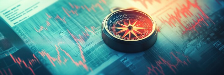 Compass on financial charts, showing navigation in market trends.
