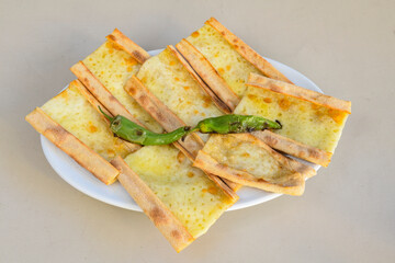 Kiymali pide. Turkish pide with minced meat. Turkish pizza mince pita Pide on white background. Etli ekmek. Kusbasi kasarli, kiymali kasarli, kiymali yumurtali, Bafra, Trabzon, Kusbasili pide.