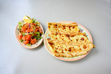 Kiymali pide. Turkish pide with minced meat. Turkish pizza mince pita Pide on white background. Etli ekmek. Kusbasi kasarli, kiymali kasarli, kiymali yumurtali, Bafra, Trabzon, Kusbasili pide.