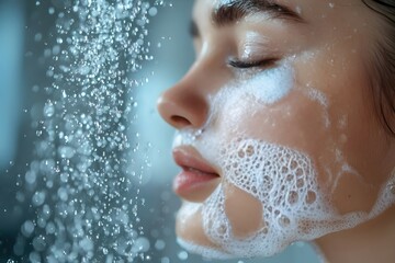 Refreshing shower: close-up of water droplets during face washing for advertising materials, hygiene blogs, interior illustrations