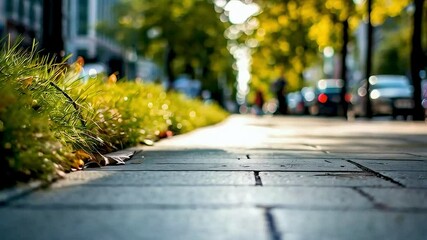 Sidewalk Lined with Grass and Trees Representing Urban Nature and Tranquility