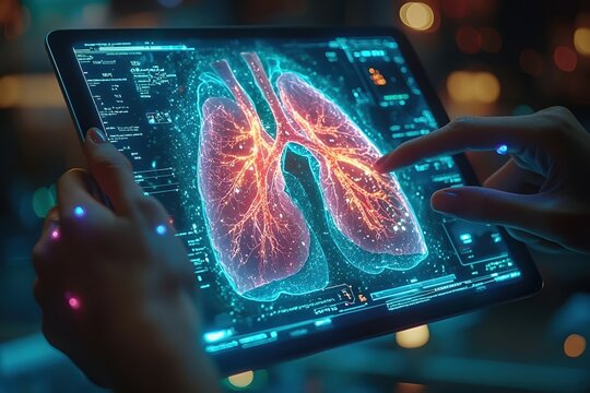 Digital image of lungs on a tablet with an interactive element for medical blogs, educational materials, advertising campaigns
