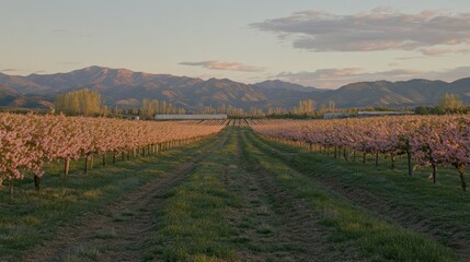 Fototapeta premium Rows of blossoming pink fruit trees in an orchard at sunset, with mountains in the background.