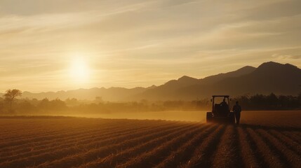 Fototapeta premium Farmers silhouette at sunset working in a field with a tractor.