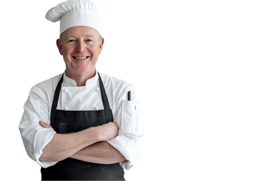 A smiling chef in a white uniform with arms crossed, exuding confidence.