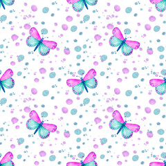 Seamless pattern with watercolor butterflies and polka dots.
