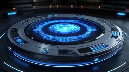 Futuristic circular platform with glowing blue interface.