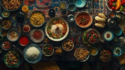 Fototapeta premium Overhead view of a lavish spread of diverse dishes, including curries, rice, breads, and various side dishes, arranged on an ornate rug.