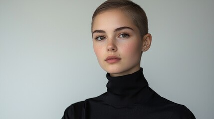 woman striking buzz cut displays her confidence and strength. minimalist hairstyle emphasizes her facial features and clear skin creating powerful visual impact.