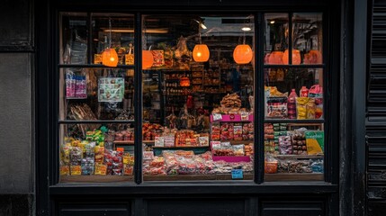 A well-lit shop window displays a variety of colorful candies, snacks, and groceries.