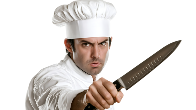 A stern chef brandishing a knife, showcasing culinary intensity.