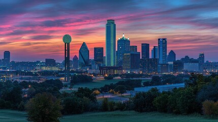 Fototapeta premium Vibrant sunrise cityscape panorama, showcasing skyscrapers, a iconic ball structure, and lush green landscape.