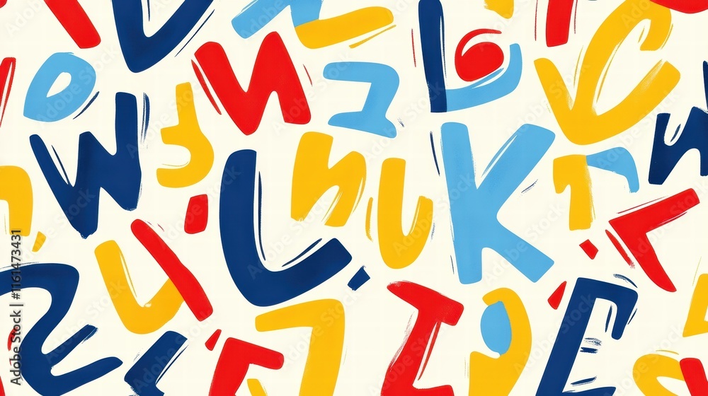 Poster playful and vibrant pattern of stylized alphabet letters in various bright colors and artistic desig