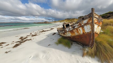 Naklejka premium Rusty shipwreck on a pristine white sand beach under a dramatic sky.