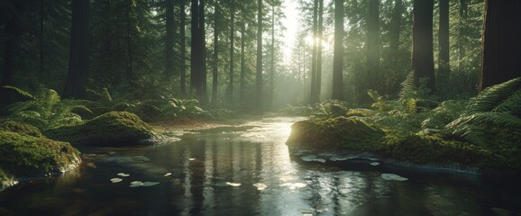 Obraz premium Sunlit stream flows through a misty, moss-covered forest.