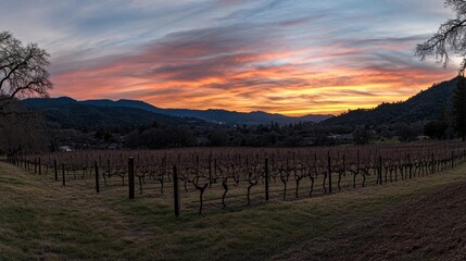 Panoramic sunset over vineyard valley.