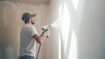 A person using a spray tool to paint a wall in a partially finished room.