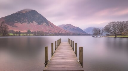 Fototapeta premium Serene dawn at a lake with wooden pier leading towards mountains.