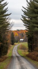 Fototapeta premium Rustic autumnal countryside scene featuring a winding road leading to a farmhouse nestled amongst vibrant fall foliage.
