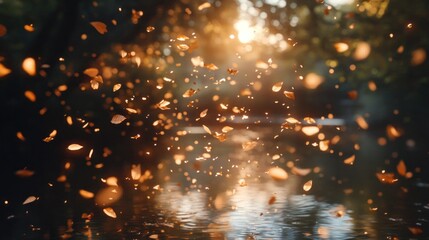 Obraz premium Golden autumn leaves falling on a calm lake at sunset.