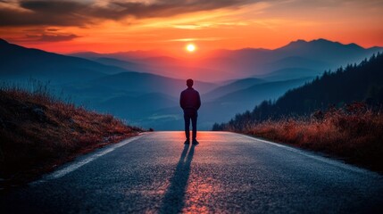 Man standing on road at sunset, overlooking mountain range.