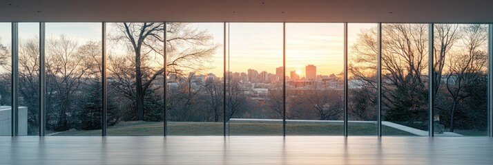 Sunset cityscape view through large windows in a modern room.