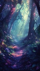 Magical forest path with glowing flowers and sunlight.