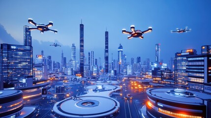 Futuristic cityscape at dusk with multiple drones delivering packages.