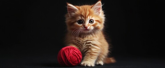 Adorable ginger kitten sitting next to red yarn ball on black background.