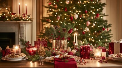 Festive Christmas table setting with decorated tree and fireplace in background.