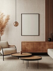 A living room with a white wall and a brown wooden coffee table. A chair is placed in front of the table