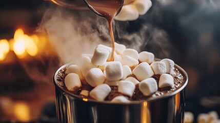 Steaming hot chocolate with marshmallows being poured into a mug near a fireplace.
