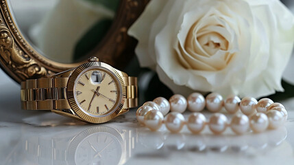 vintage gold wristwatch and delicate pearl necklace rest elegantly marble surface single white rose and antique mirror. Soft lighting enhances their beauty.