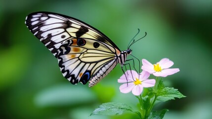 Naklejka premium Close-up of a lime butterfly on pink flower.
