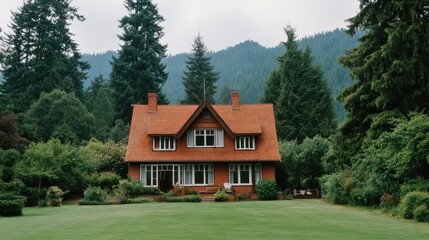 Fototapeta premium Red brick house with green lawn, nestled in a forest.