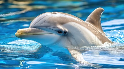 Naklejka premium A Bottlenose dolphin swims in clear blue water, its gentle face visible above the surface.