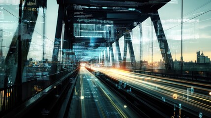 Fototapeta premium City bridge at night with digital data overlay and light trails.
