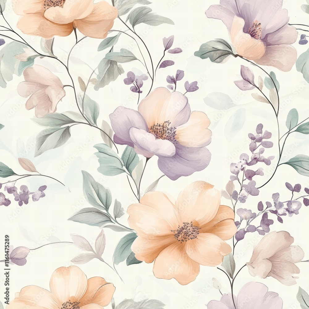 Aufkleber Floral pattern featuring delicate blooms in soft hues with intricate leaves adding elegance and charm to any decor. Generative AI