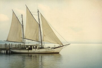 Fototapeta premium Sailboat gliding calmly on serene waters, surrounded by soft pas