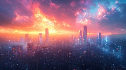 futuristic cityscape features towering skyscrapers reflective surfaces illuminated intense magnetic storm. Bright auroras and electric streaks create dynamic atmosphere.