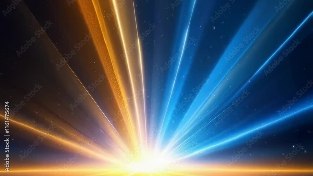 Poster glowing blue and orange light rays rising from horizon. dynamic abstract background with bright ligh