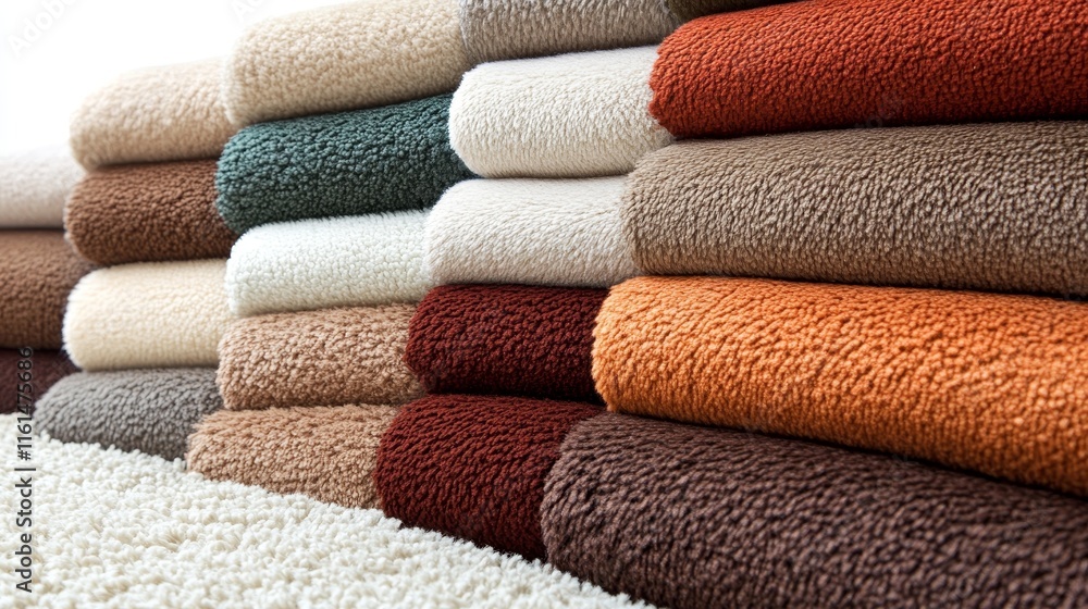 Poster stack of folded soft and fluffy towels in different colors and textures on a white background