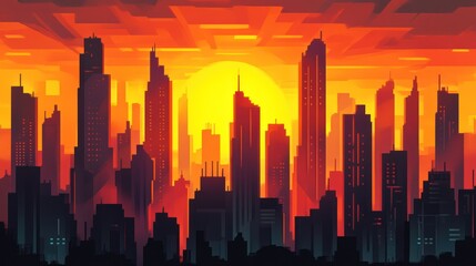 Fototapeta premium Fiery sunset over a stylized cityscape silhouette.