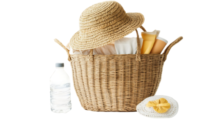 A woven basket filled with summer essentials like sunscreen and a hat.