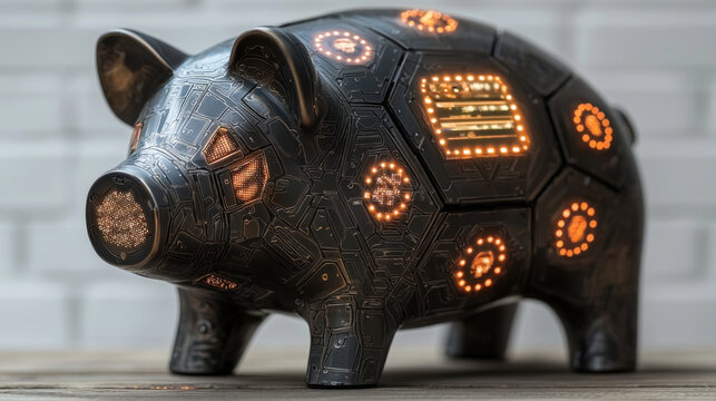 innovative piggy bank features sleek metallic design digital screens showcasing savings metrics. LED lights create vibrant modern appearance clean backdrop.