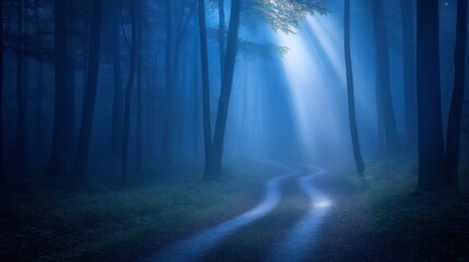 Obraz premium Mystical blue forest path at night, fog, moonlight.