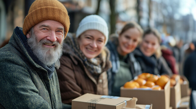 Group of volunteers distributing food to the homeless in an urban setting, warm smiles, diverse ages and ethnicities, boxes and bags of food, sunny day, community support, human connection - Powered by Adobe