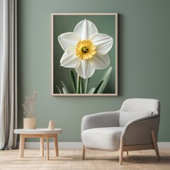 A framed picture of a yellow and white flower. The flower is in the center of the frame