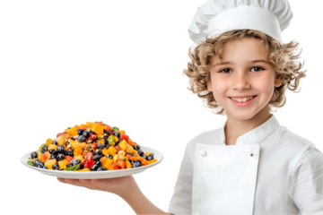 A young chef proudly presents a colorful fruit salad on a plate.